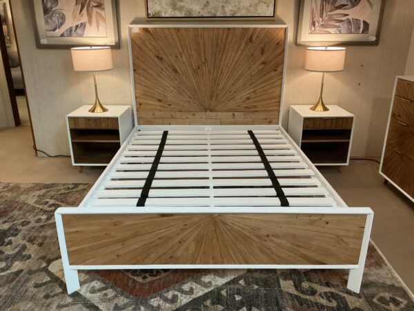 white pattern front queen bed frame