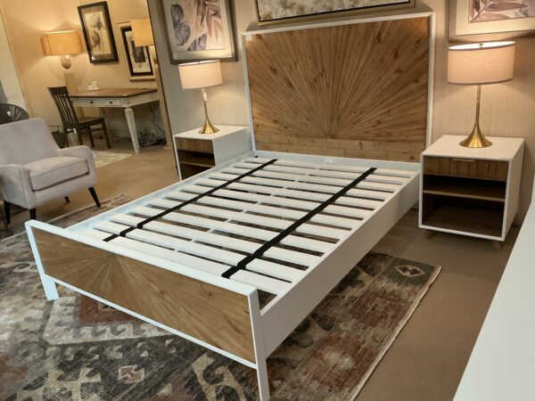 white pattern front queen bed frame