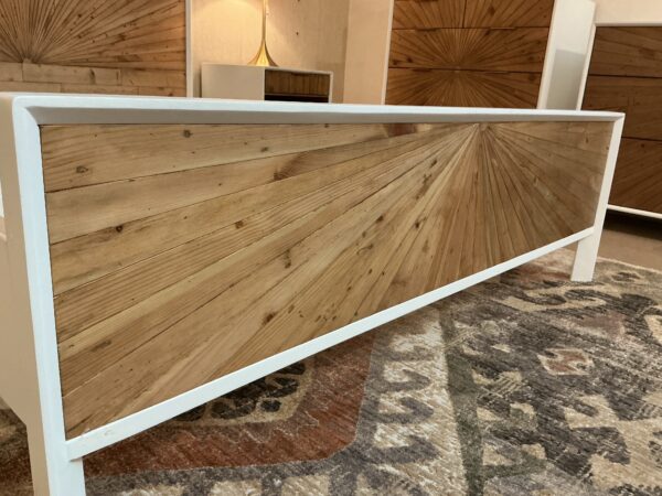 white pattern front queen bed frame