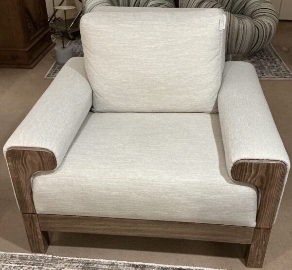 white wooden framed base armchair