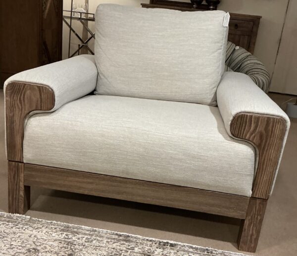white wooden framed base armchair