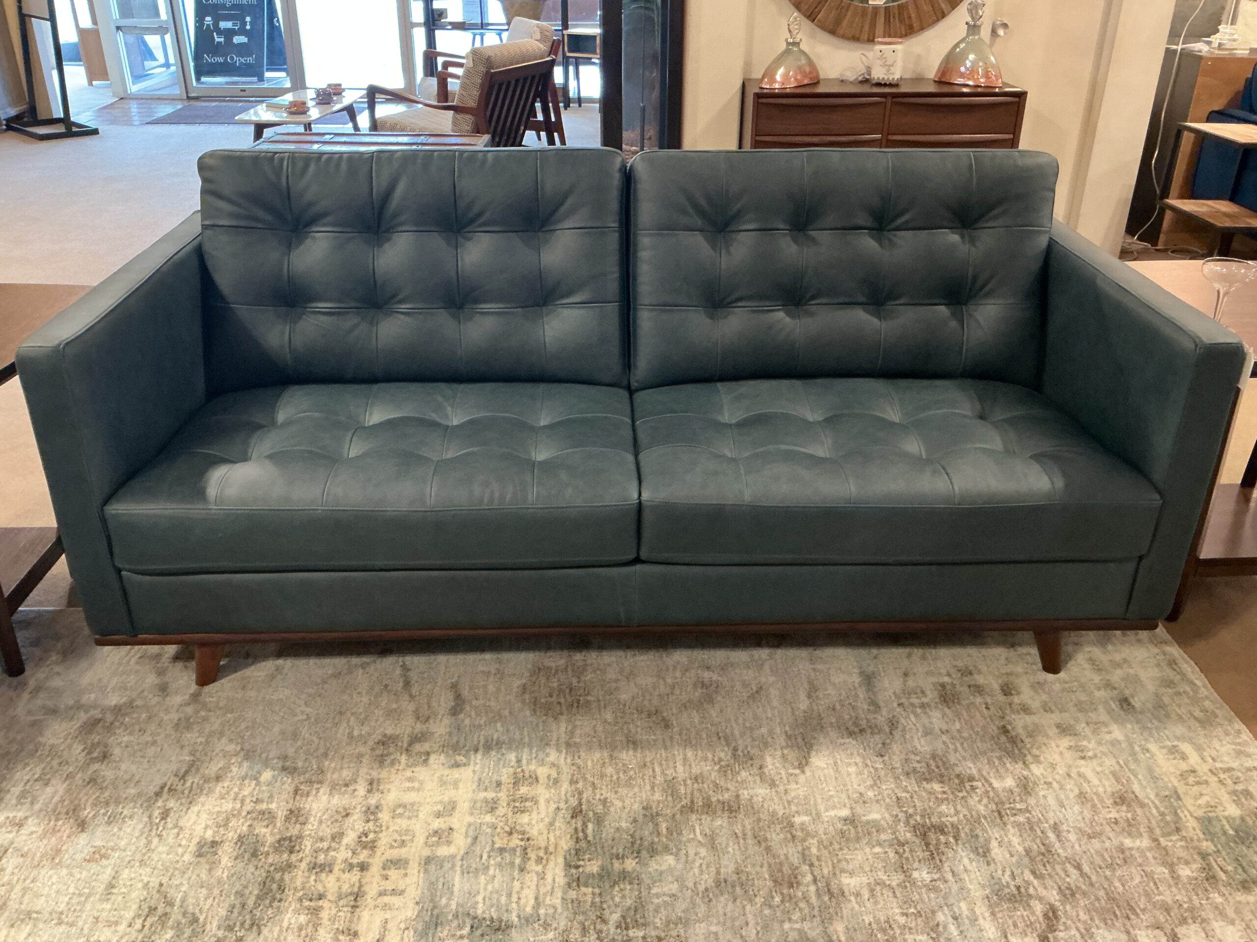prussian blue leather sofa